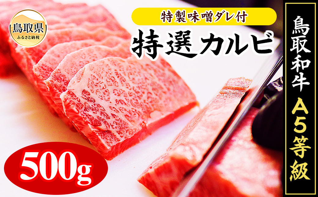
                  鳥取和牛A5等級　特選カルビ 500g 焼肉用・特製味噌ダレ付_T2600258 ふるさと納税 鳥取 牛肉 お肉 和牛 贅沢 おかず
                