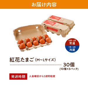 紅花たまご セット 30個  卵 たまご 赤玉 鶏卵 黄身 白身 産みたて 卵かけ ご飯 親子丼 オムレツ 朝食 たんぱく質 新鮮 栄養 濃厚 甘み コク 山田鶏卵 送料無料 山形県 米沢市