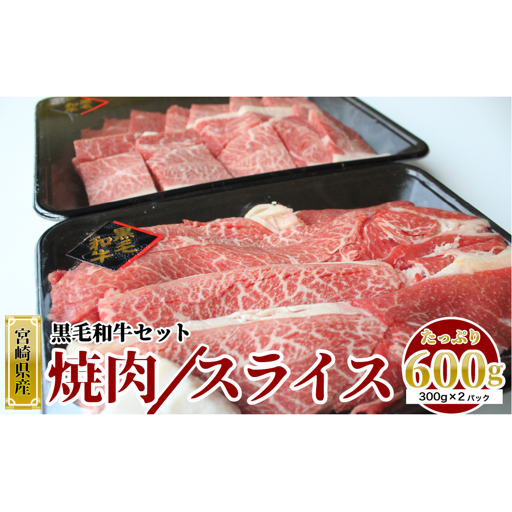 牛肉 黒毛和牛 宮崎県産黒毛和牛 焼肉 & スライス セット 各 300g ×2p 計 600g [SHINGAKI 宮崎県 美郷町 31ag0075]  肉 小分け 冷凍 牛 すき焼き 焼肉