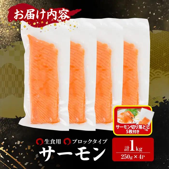 生活応援 サーモン切り落とし5枚付き！生食用 サーモン ブロック(計1kg・250g×4P) 小分け冷凍 魚 【AW-100】【丸正水産】