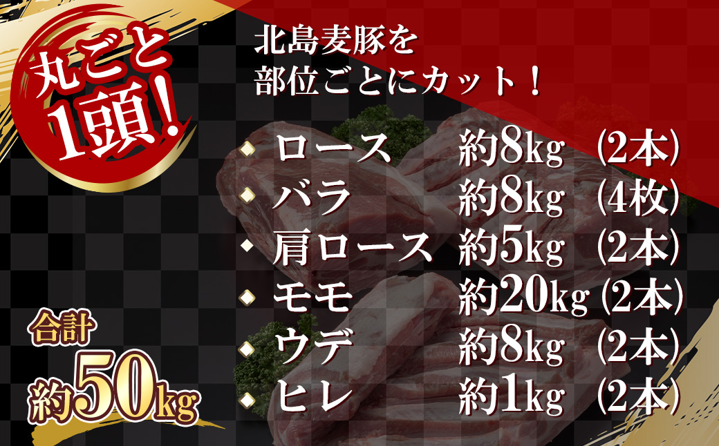 【定期便全3回】【農場直送】北海道産 北島麦豚 1頭丸ごとセット 塊肉 ローストポーク とんかつ 焼豚 とんてき 焼肉 BBQ バーベキュー 角煮 しゃぶしゃぶ しょうが焼き お祝い 計約50kg_Y