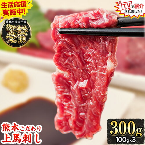 【ふるさと納税】＼期間限定 生活応援／★TVで紹介されました★馬刺し 予約 上赤身 ブロック 国産 熊本肥育 冷凍 生食用 たれ付き(10ml×3袋) 100g×3セット 肉 ヘルシー 馬肉 平成27年28年 農林水産大臣賞受賞 熊本県玉東町《90日以内に出荷予定(土日祝除く)》送料無料 馬肉