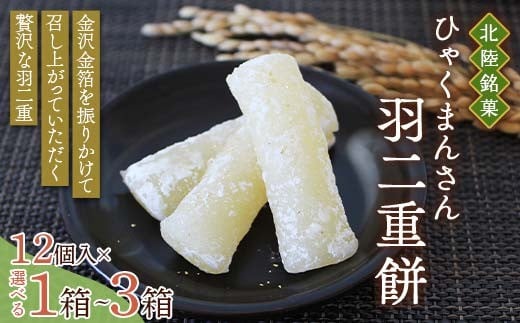 
            【選べる容量】 北陸銘菓 ひゃくまんさん羽二重餅 12個入り 1・2・３箱 金沢 金箔 ひゃくまんさん 羽二重餅 菓子 和菓子 お茶菓子 お茶請け F6P-3062var
          