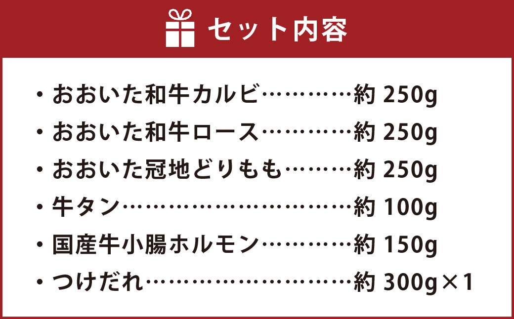 五種のバラエティー焼肉セット つけだれ付き (計約1kg)
