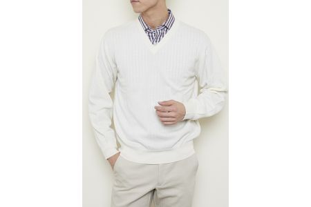 日本製 カシミヤ100% Vセーター 白 Lサイズ [2510]