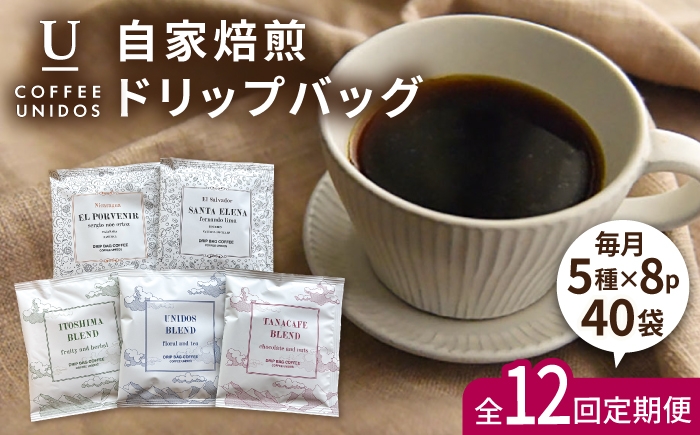 
                  【全12回定期便】コーヒー ドリップ バッグ 40個 セット ( 5種類 × 8個 ) 糸島市 / COFFEE UNIDOS [AQF020]
                