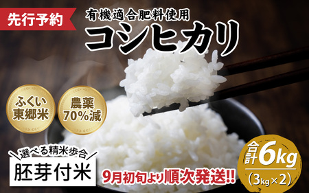 【胚芽付米】令和6年産 新米 ふくい東郷米 特別栽培米 農薬70％減 コシヒカリ 6kg（3kg×2袋）[A-020019_03]