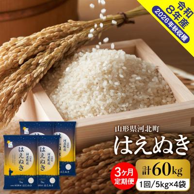 ふるさと納税 河北町 【令和8年産米】2026年11月上旬発送 はえぬき60kg(20kg×3ヶ月)毎月定期便 山形県産