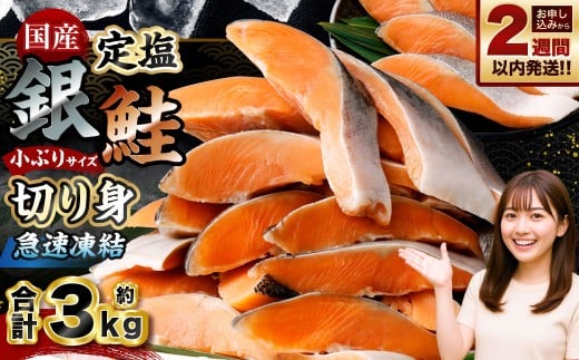 国産 定塩銀鮭切り身 合計約3kg （約1kg×3パック） 銀鮭 鮭 さけ サケ 切り身 切身 国内養殖 新鮮 塩漬け 冷凍