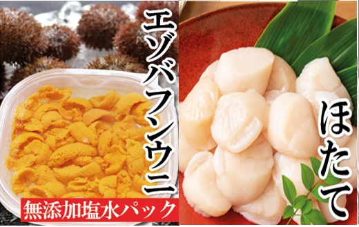 
D-40052 エゾバフンウニ塩水パック130g×1P、お刺身ホタテ貝柱500g×1P[2025年1月下旬以降発送]
