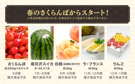 【ふるなびWEEK対象】【全5回】フルーツ定期便 さくらんぼ佐藤錦 尾花沢スイカ 桃 ラ・フランス りんご 令和8年産 ns-ft5xx-s-b-navi FN-Limited-WE