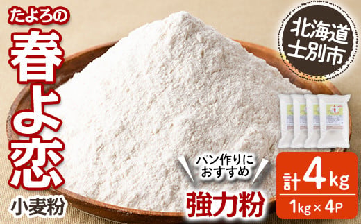 【B7028】＜北海道士別市産小麦＞ たよろの春よ恋 強力粉 ( 1kg×4袋・計4kg) 【2026年1月20日以降発送予定】小麦 小麦粉 強力粉 春よ恋 北海道産 士別市産 国産 国産小麦粉 パン お菓子 料理 1kg【たよろ春小麦の会】