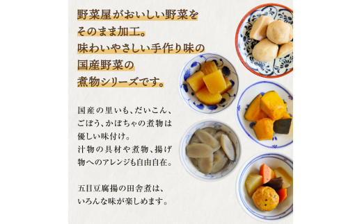 常温保存できる！ 国産野菜の煮物 5種10個  化学調味料不使用 和惣菜 和食 里いも ごぼう だいこん かぼちゃ 五目豆腐揚 田舎煮惣菜 おかず パウチ 宮城県 東松島市 D