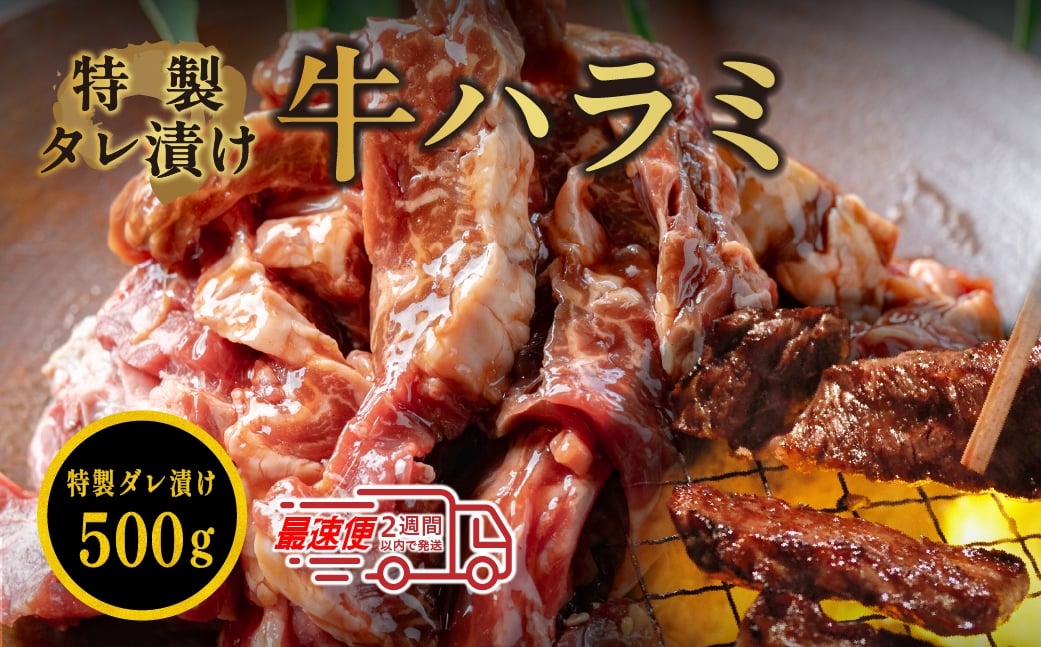 
            自家製たれ漬ハラミ 500g 　自家製たれ漬けハラミ たれ漬け ハラミ肉 焼肉用 小分け 冷凍 ギフト 大容量

          
