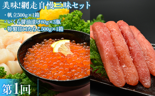 【毎月定期便】網走炉端五十集屋の酒の友達定期便(ほたて・いくら・たらこ、イカ刺身、イカ一夜干)全3回 ABAO090