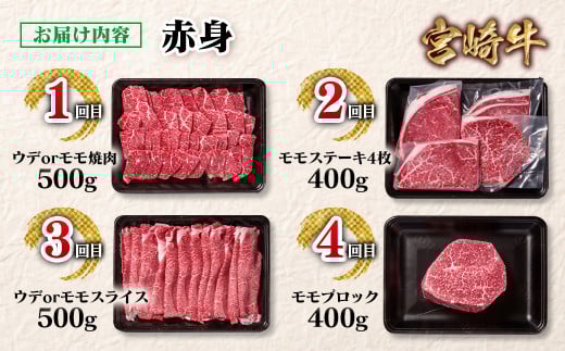 【定期便】宮崎牛  赤身4回定期便 焼肉・ステーキ・スライス ブロック ブランド牛 A４～A5等級 内閣総理大臣賞4連覇＜4.4-1＞焼き肉 すき焼き 牛肉 最高級黒毛和牛