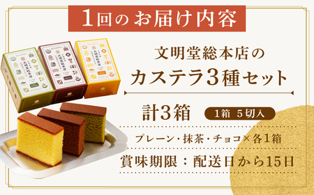 【全3回定期便】 カステラ 5切×3種 （ プレーン /  抹茶 /  チョコレート ） カット包装 《長与町》《文明堂総本店》 [EAK006] / カステラ 文明堂 カステラ カット済み ザラメ 