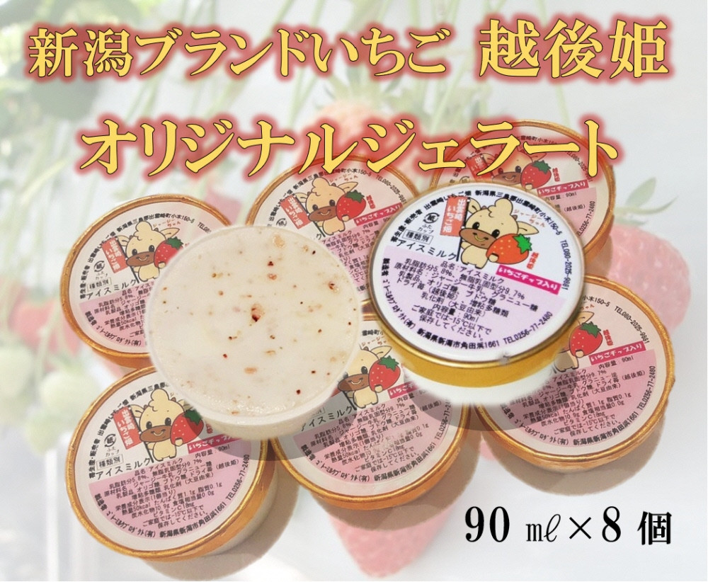 
【越後姫 いちご】オリジナルジェラート（90ml 8個） カップアイス 新潟県 ブランドいちご イチゴ ジャージー牛乳 ドライいちご
