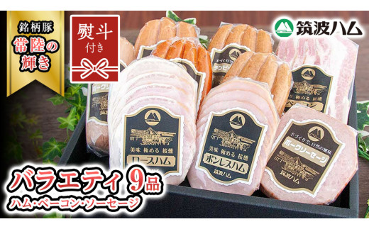【贈答用（熨斗対応可）】 筑波ハム バラエティ 9品 ( ハム ベーコン ソーセージ ) 『常陸の輝き』 茨城県産 ブランド豚 銘柄豚 ( 茨城県共通返礼品 ) ロースハム ボンレスハム フランク ウ
