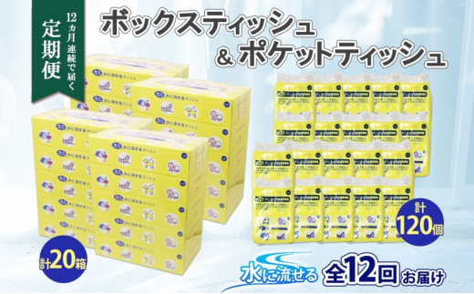 
北海道 定期便 12ヶ月連続 とけまるくん ボックス ティッシュ 20箱 ポケット 120個 水に流せる ペーパーリサイクル エコ 香りなし 厚手 日用品 雑貨 常備 備蓄 ストック 送料無料
