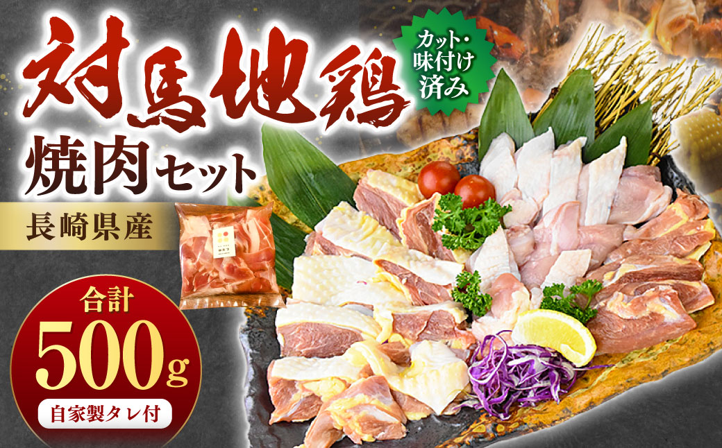 長崎県産 対馬地鶏 焼肉 セット (自家製タレ付)  計約500g ／ 鶏肉 地鶏 モモ肉 ムネ肉 国産 長崎