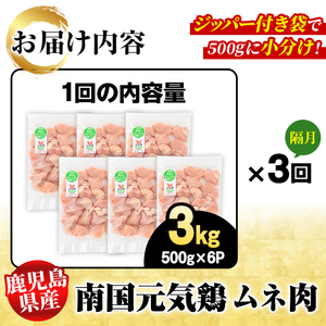 ＜定期便・全3回(隔月)＞鹿児島県産！南国元気鶏 ムネ肉(総計9kg) 国産 鹿児島県産 鶏肉 肉 お肉 ムネ肉 むね肉 胸肉 南国元気鶏 小分け 小パック 定期便 Cセット 【さるがく水産】akn0