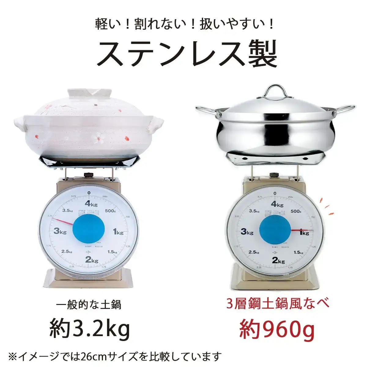IH対応アルミ芯3層鋼土鍋風なべ 22cm ステンレス製  両手鍋 燕三条【017S066】