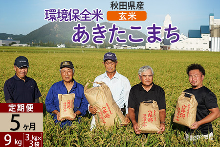 【玄米】《定期便5ヶ月》令和6年産 秋田県産 あきたこまち 環境保全米 9kg (3kg×3袋)×5回 計45kg