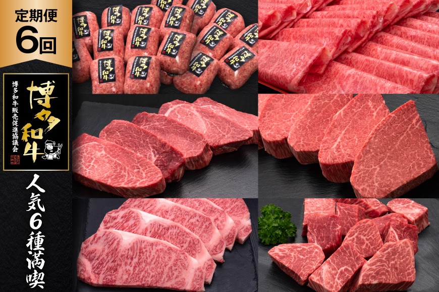 肉 博多和牛 人気6種 満喫 6回 定期便 牛肉 [久田精肉店 福岡県 宇美町 um40bsi440055] 牛肉 和牛 国産 うし お肉 ステーキ 焼肉 赤身 小分け スライス シャトーブリアン ヒレ ロース ステーキ ハンバーグ 冷凍