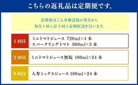 	【3回定期便】 北海道 の恵み 定期便 ミニトマトジュース 720ml×4本 スパークリングトマト 300ml×3本 計3.78L 計7本 ／ ミニトマトジュース無塩 180ml×24本 計4.32