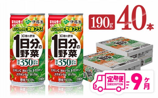 
										
										【9ヶ月定期便】伊藤園 1日分の野菜 190ｇ×40本【 定期便 全9回 野菜飲料 野菜ジュース 野菜汁 ジュース 飲料 ソフトドリンク 野菜ミックスジュース 】［D07313t9］
									