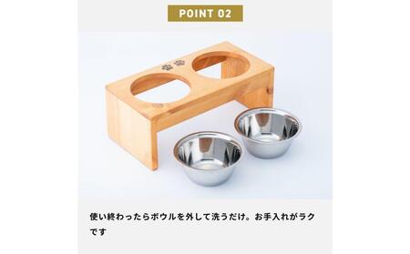 ペット用 フードボウル ダブル 中型犬向き 食器台 ( 縦19.5cm × 横39cm × 高さ15cm ) ワンちゃんスタンプ  | ペット用品 木 木製 餌台 ボウル付 犬 いぬ 犬用 猫 ねこ 