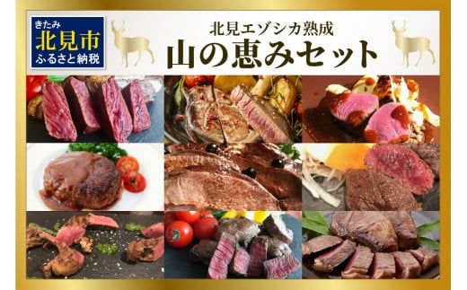 北見エゾシカ 熟成肉山の恵みセット ( 肉類 肉 国産 鹿肉 熟成 セット 詰め合わせ 骨付き ロース しんたま 内もも ステーキカット肉 ハバキカット ハツ ヒレ ステーキ用スライス )【025-0050】