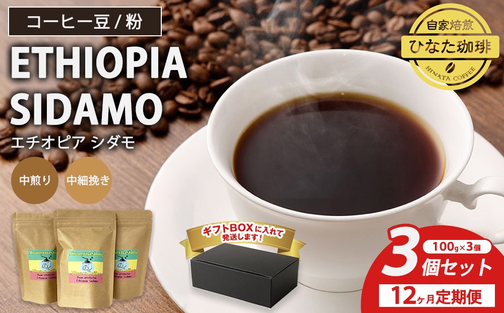 【12カ月定期便】コーヒー 豆 粉（エチオピア シダモ 中煎り 中細挽き）100g × 3個セット | ミディアムロースト ギフトBOX付き コーヒー 珈琲 自家焙煎 ひなた珈琲 幸田町 送料無料