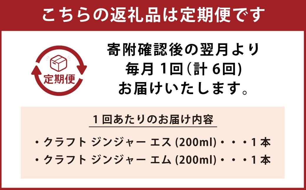 【6ヵ月定期便】Craft GingerS&M 200ml 無添加 国産 生姜 ジンジャーシロップ 2本セット