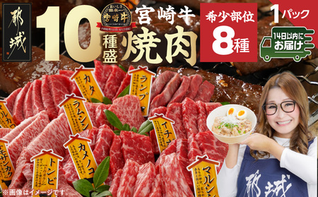 宮崎牛食べ比べ10種盛り焼肉セット≪みやこんじょ快速便≫_17-31-003-600g-R_(都城市) 宮崎県産 宮崎牛 A4ランク 焼肉 セット 内モモ カタ トンビ ランプ ラムシン マルシン カメノコ イチボ マルカワ ミスジorトモサンカク 10種類 贈答用 14日以内にお届け