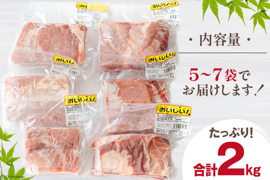 訳あり 豚肉 豚バラ ブロック 2kg 不揃い 5～7袋 [甲斐精肉店 宮崎県 美郷町 31as0102] 冷凍 宮崎県産 不揃い 煮込み 角煮 チャーシュー 丼 ポッサム 蒸し 揚げ 料理 真空包装 収納 スペース 蒸し豚 塊 かたまり 料理 調理 おかず