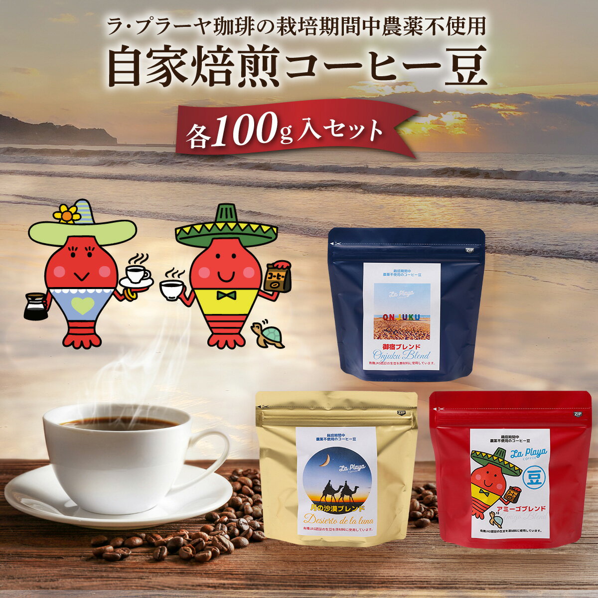 【ふるさと納税】ラ・プラーヤ珈琲の『栽培期間中農薬不使用』自家焙煎コーヒー豆（100g×3袋） 【コーヒー豆 コーヒー 豆 珈琲 栽培期間中農薬不使用 ブレンドコーヒー ブレンド ご当地 ご当地コーヒー 自家焙煎 ギフト 贈り物 La Playa Coffee 千葉県 御宿町】 ONJM001