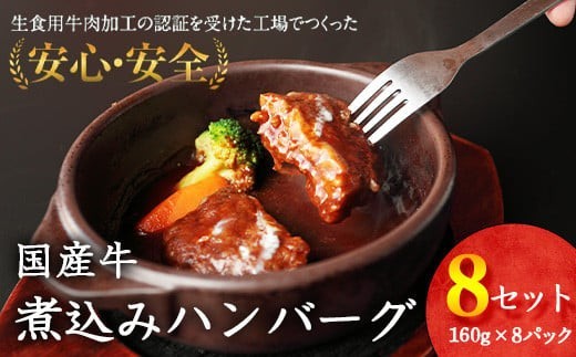 
                  【30営業日以内配送】国産牛使用 煮込みハンバーグ（160g×8個）湯煎で温めるだけ 《こだわり製法のデミグラス》　014-D-YL009
                