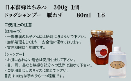 P-AB1 数量限定 串間産純度100％ 日本蜜蜂はちみつ 300g＆携帯用「ドッグシャンプー　厭わず」80ml【QCompany】