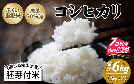 【胚芽付米】令和5年産 ふくい東郷米 特別栽培米 農薬70％減 コシヒカリ 3kg×2袋 [A-020008_03]