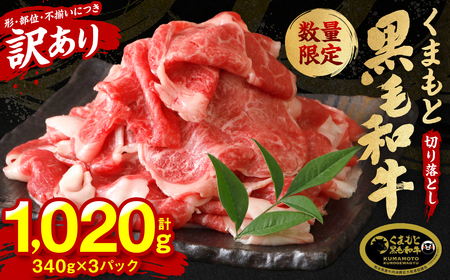 【訳あり】 くまもと黒毛和牛 切り落とし 1kg以上  340g×3 （ 黒毛和牛 牛肉 和牛 ブランド牛 ブランド和牛 訳あり牛肉 ブランド牛肉 牛肉切り落とし ブランド牛切り落とし 小分け 熊本県産 くまもと 国産 人気 毎月数量限定 ）