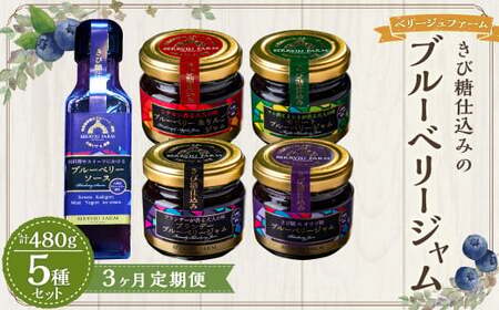 【3ヶ月定期便】きび糖 仕込みの ブルーベリー ジャム 5種 セット 各90g×1瓶 ブルーベリージャム りんごジャム 瓶詰め 瓶