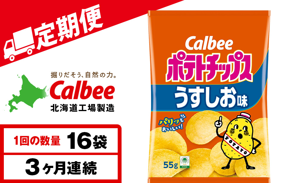 【定期便3カ月】カルビーポテトチップス＜うすしお＞16袋入×1箱《千歳工場製造》