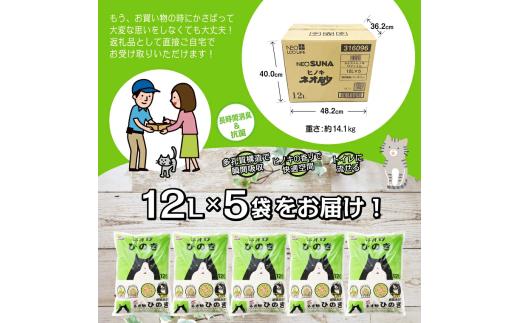定期便 猫砂 ネオ砂ひのき 12L 5袋 年3回 隔月発送 トイレに流せる やさしく固まる 後処理らくらく 抗菌 瞬間消臭 中空構造 ペット用品 ネコ トイレ 備蓄 日用品 消耗品 富士市 [sf00