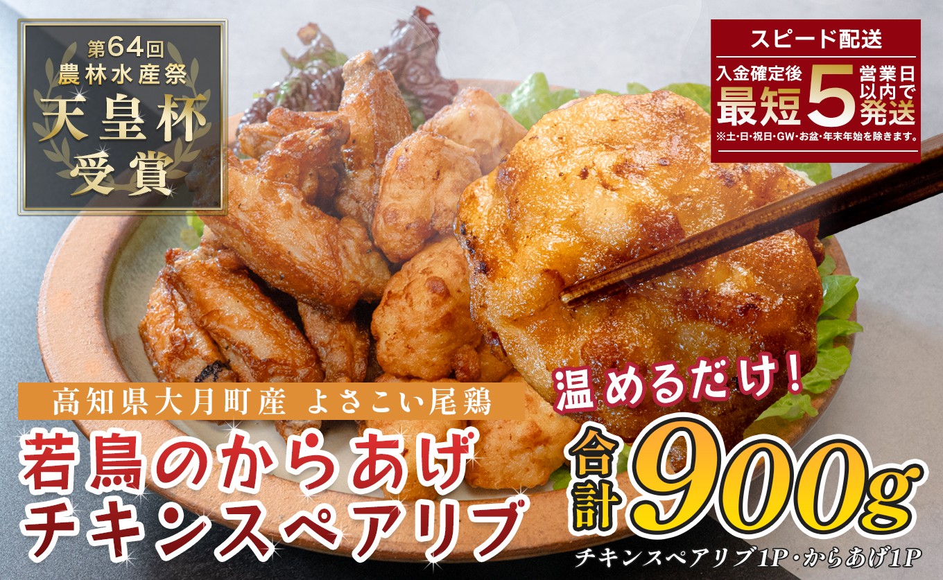 
                  国産 よさこい尾鶏 鶏の唐揚げ チキンスペアリブ 2種セット 900g（和風しょうゆ唐揚げ500g・スペアリブ400g） 天皇杯受賞 からあげ から揚げ 和風しょう油 旨辛 スパイシー 手羽中 手羽 フライドチキン チキン南蛮 惣菜 おつまみ ビール 晩酌 酒の肴 レンジ 甘辛 鶏もも 鶏肉 とり肉 チキン 鶏 ブランド鶏 銘柄鶏 若鶏 国産鶏肉 冷凍 小分け 個包装 真空パック お弁当 5千円
                