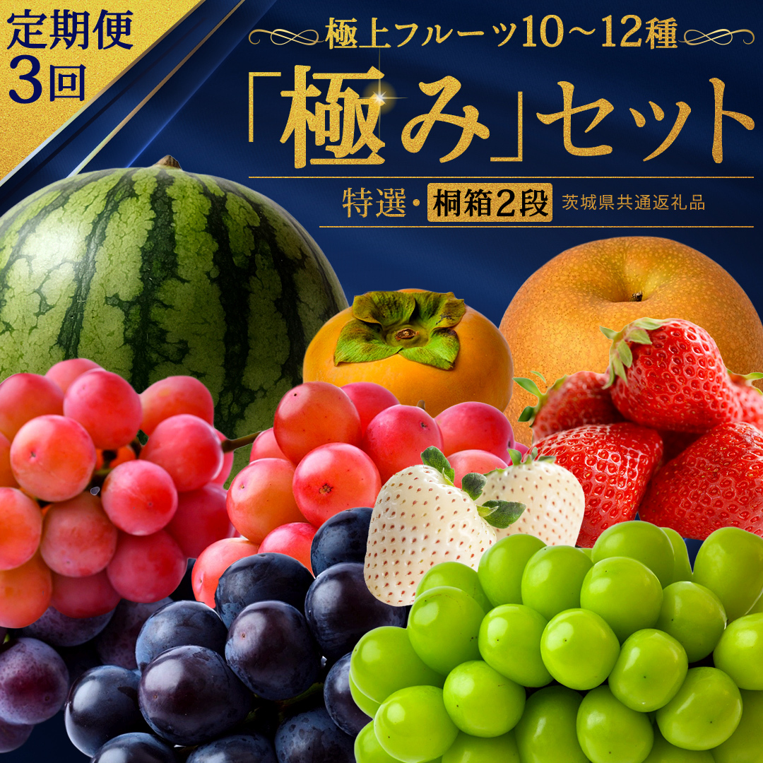 【定期便】 毎月1回連続3か月(計3回)【特選・桐箱2段】極上フルーツ10～12種「極み」セット（茨城県共通返礼品） 定期便 頒布会 田舎の頑固おやじが厳選！ 人気 厳選 果物 くだもの 旬 旬の果物