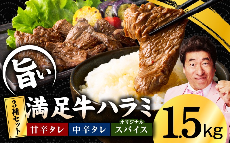 G3364 【満足牛ハラミ】3種セット （甘辛タレ漬け・中辛タレ漬け・オリジナルスパイス仕込み） 合計1.5kg 【味付け ハラミ 小分け 焼くだけ 簡単調理 BBQ 牛肉 250g×6P】