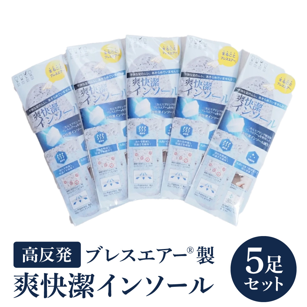 高反発ブレスエアー?製「インソール」5足セット 日本製 近江化成工業株式会社 滋賀県 東近江市 A-G22 洗える 蒸れない 抗菌 防臭 足ムレ対策 水虫予防 立ち仕事 足裏快適 高通気 衝撃吸収 スニーカー ブーツ 安全靴 革靴
