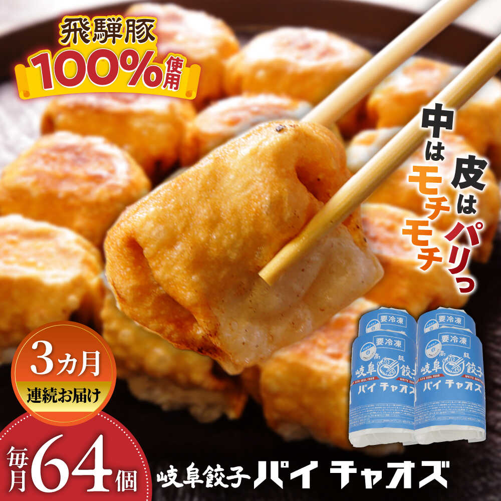【ふるさと納税】【3回定期便】餃子 岐阜餃子64個入り（パイチャオズ） ぎょうざ 冷凍餃子 中華 おかず 夕食 焼き餃子 揚げ餃子 岐阜 セット 詰め合わせ 飛騨豚 厚皮 パリパリ モチモチ 点心 中華惣菜 パーティー 家飲み 宅飲み ギフト 岐阜市 / MABUCHIKOGYO[ANEY008]